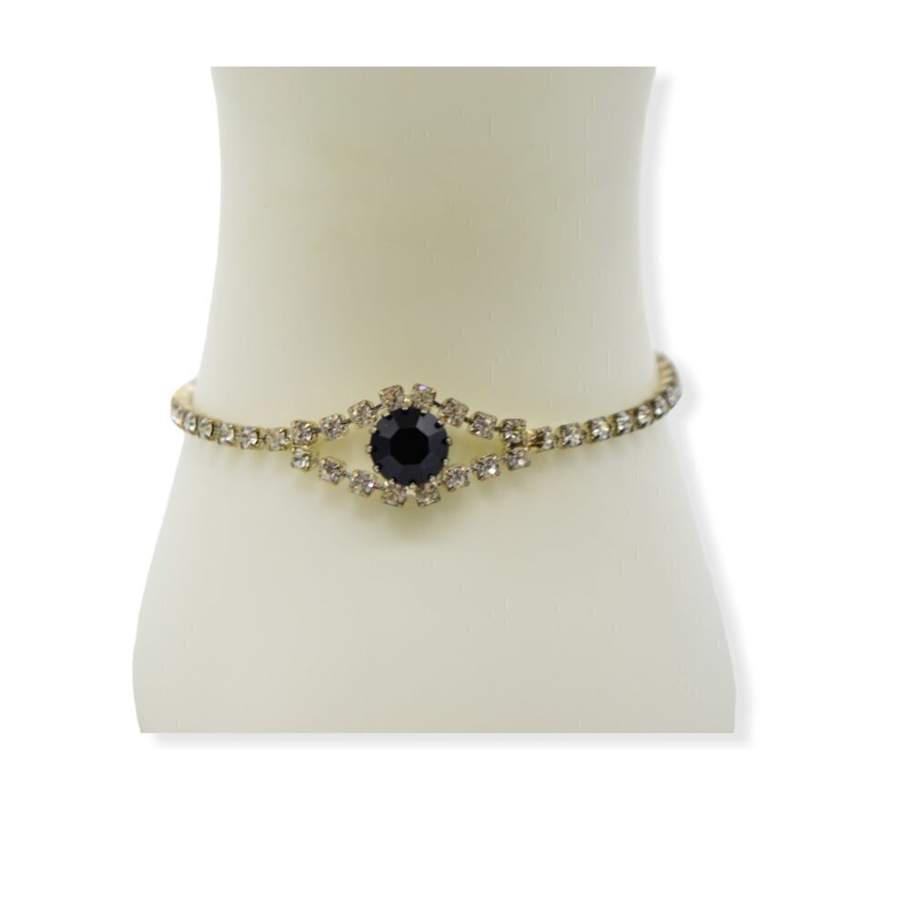 Clear Black Ice Glass Rhinestone Vintage Silver Tone Clasp Bracelet 7.25"